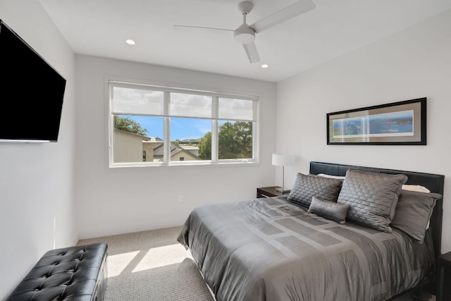 bedroom with carpet floors, recessed lighting, and a ceiling fan