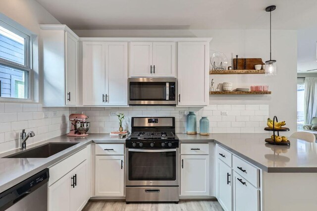 349 High Plains Pass, Liberty Hill, TX 78642 - kitchen featuring appliances with stainless steel finishes, a sink, plenty of natural light, and a peninsula