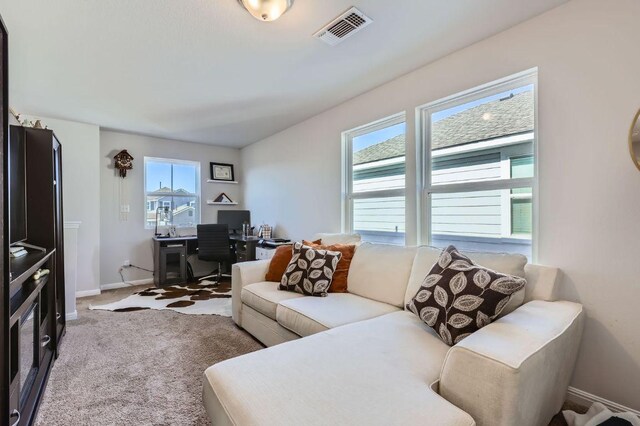 349 High Plains Pass, Liberty Hill, TX 78642 - carpeted living room featuring a desk and baseboards