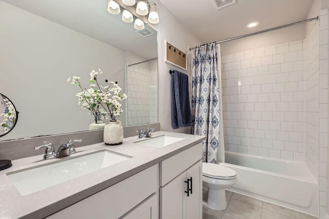349 High Plains Pass, Liberty Hill, TX 78642 - bathroom with tile patterned flooring, toilet, shower / bath combination with curtain, double vanity, and recessed lighting