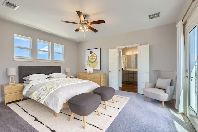 bedroom with visible vents, ceiling fan, carpet flooring, and ensuite bathroom