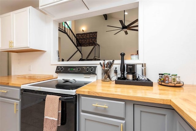 7215 Coronado Cir, Austin, TX 78752 - kitchen with butcher block counters, range with electric stovetop, ceiling fan, and gray cabinets