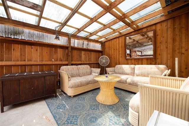 living room featuring wood walls