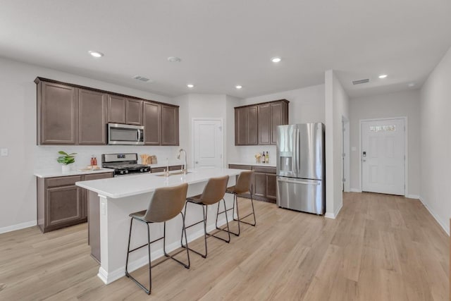 kitchen featuring stainless steel appliances, a sink, visible vents, light wood-type flooring, and a center island with sink