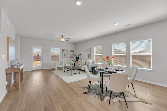 dining room with light wood finished floors, recessed lighting, visible vents, a ceiling fan, and baseboards