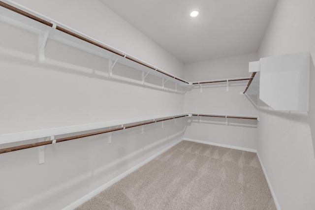 walk in closet with light colored carpet