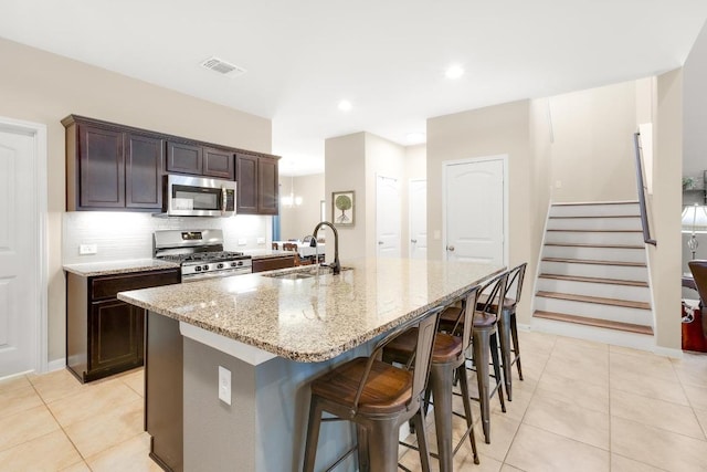 kitchen featuring visible vents, an island with sink, a sink, decorative backsplash, and stainless steel appliances