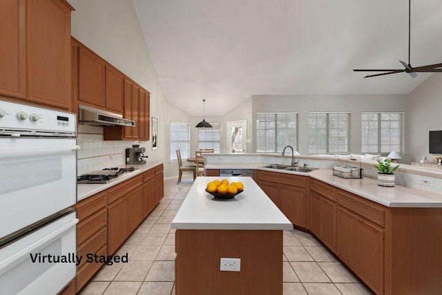 kitchen with under cabinet range hood, stainless steel appliances, a kitchen island, a sink, and a warming drawer