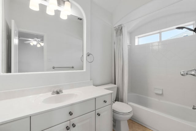 full bathroom featuring visible vents, toilet, tile patterned floors, shower / bath combination with curtain, and vanity