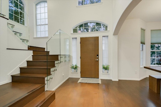 foyer with a healthy amount of sunlight, wood finished floors, and a towering ceiling