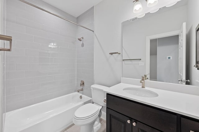 bathroom featuring shower / bathtub combination, visible vents, vanity, and toilet