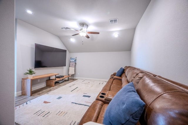 227 Dally Ct, Dripping Springs, TX 78620 - living room featuring ceiling fan, vaulted ceiling, baseboards, wood finished floors, and recessed lighting