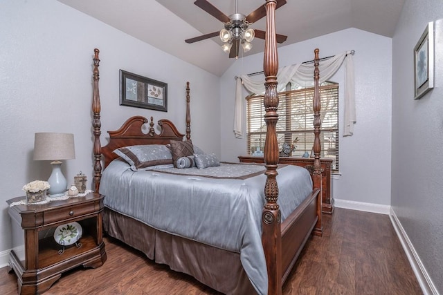 bedroom featuring baseboards, vaulted ceiling, and dark wood finished floors