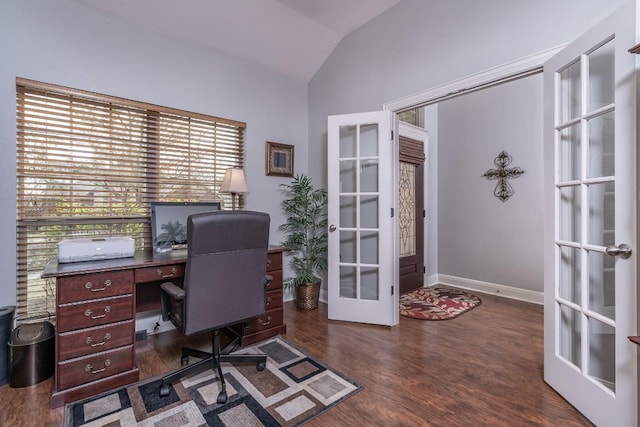 office space with french doors, vaulted ceiling, baseboards, and wood finished floors