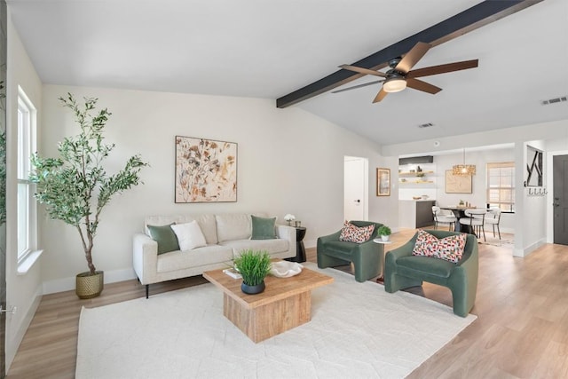 living room with visible vents, lofted ceiling with beams, baseboards, and wood finished floors