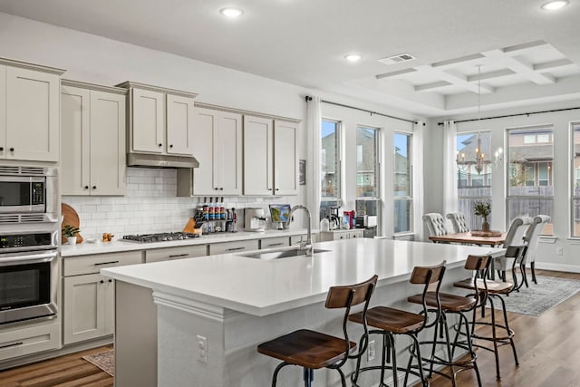 kitchen with under cabinet range hood, a sink, light countertops, appliances with stainless steel finishes, and decorative backsplash