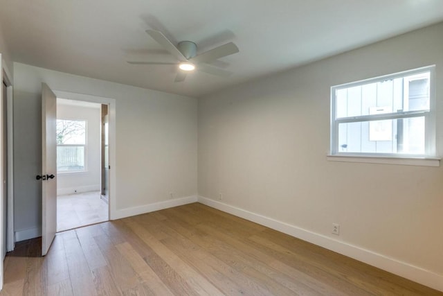 empty room featuring light wood-type flooring, ceiling fan, and baseboards