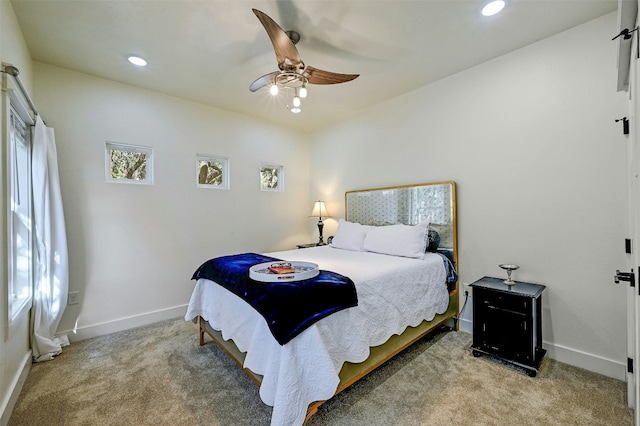 bedroom with recessed lighting, carpet, baseboards, and ceiling fan