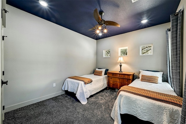 bedroom with a ceiling fan, baseboards, recessed lighting, a textured ceiling, and carpet flooring