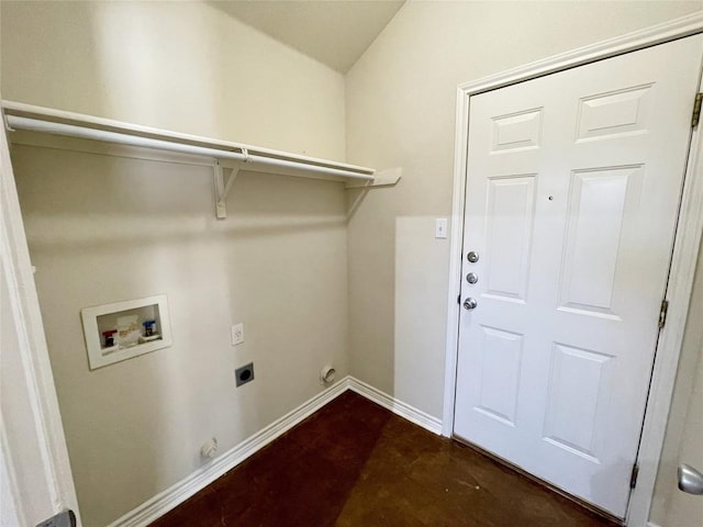 laundry area with laundry area, baseboards, gas dryer hookup, hookup for a washing machine, and hookup for an electric dryer