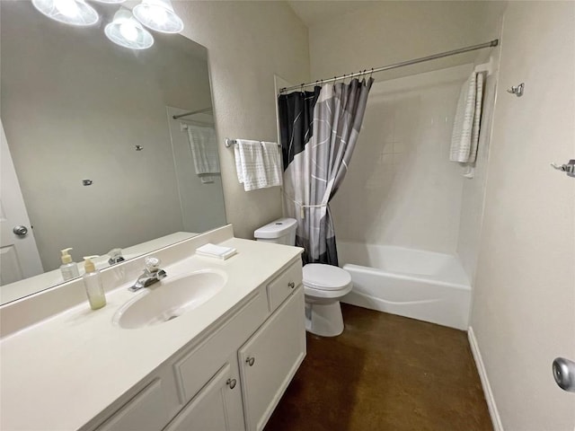 full bathroom featuring vanity, shower / bath combination with curtain, toilet, and baseboards