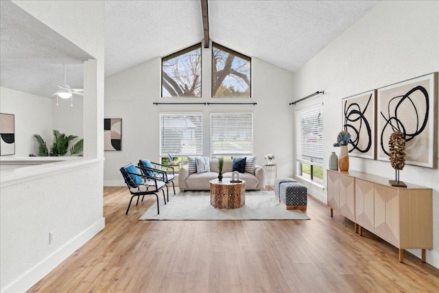 living area featuring beamed ceiling, a textured ceiling, and wood finished floors