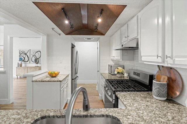 kitchen featuring appliances with stainless steel finishes, light wood-style floors, under cabinet range hood, and a sink