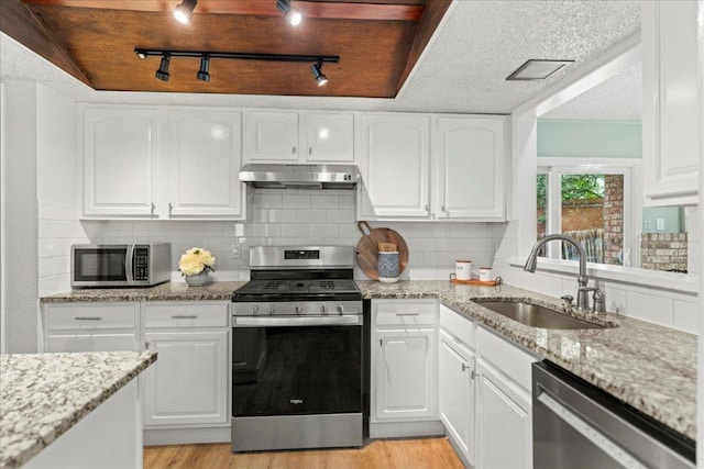 kitchen with a sink, stainless steel appliances, under cabinet range hood, and decorative backsplash