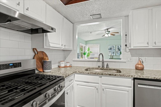 kitchen featuring under cabinet range hood, appliances with stainless steel finishes, white cabinets, and a sink