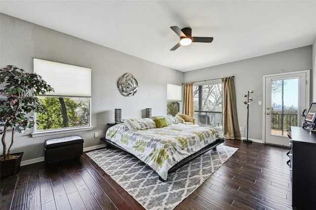 bedroom with access to outside, baseboards, wood-type flooring, and a ceiling fan