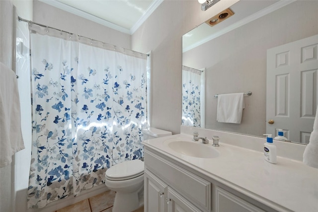 full bath with toilet, tile patterned floors, ornamental molding, and vanity