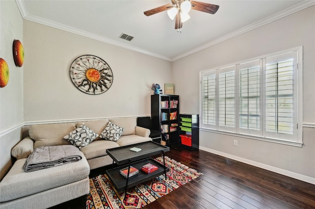 living area with ceiling fan, ornamental molding, wood-type flooring, and visible vents