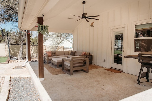 view of patio / terrace featuring ceiling fan, fence, and an outdoor hangout area