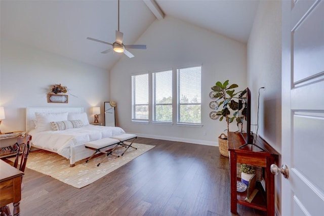 bedroom with baseboards, a ceiling fan, vaulted ceiling with beams, and dark wood-style flooring