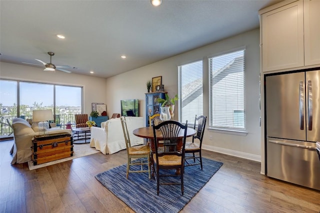 dining space with recessed lighting, baseboards, wood finished floors, and ceiling fan