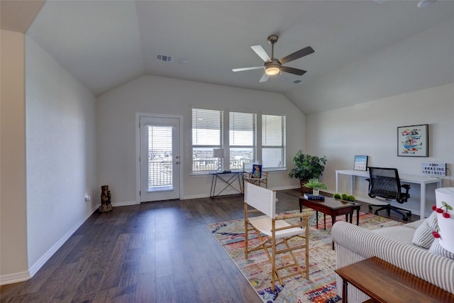 living room featuring visible vents, wood finished floors, baseboards, ceiling fan, and vaulted ceiling