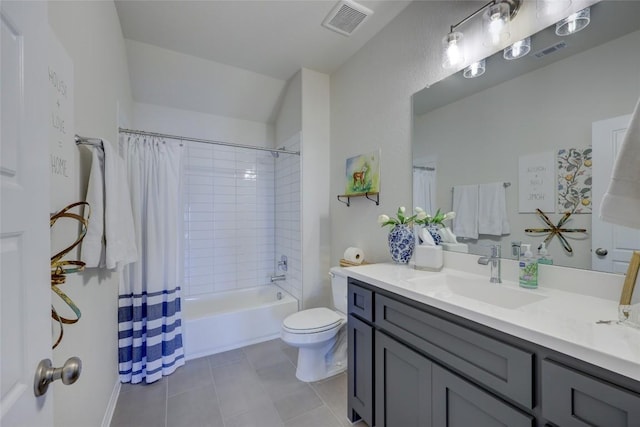 full bath with tile patterned floors, visible vents, toilet, and vanity