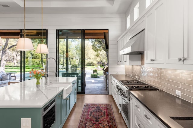 kitchen featuring high end stainless steel range oven, white cabinets, under cabinet range hood, and a sink