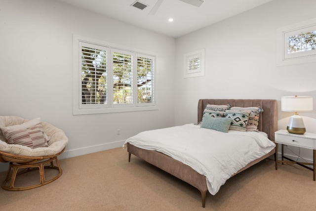 bedroom with a ceiling fan, carpet, visible vents, baseboards, and recessed lighting