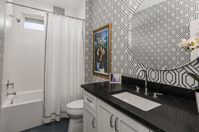 full bath featuring vanity, toilet, shower / tub combo, and tile patterned flooring