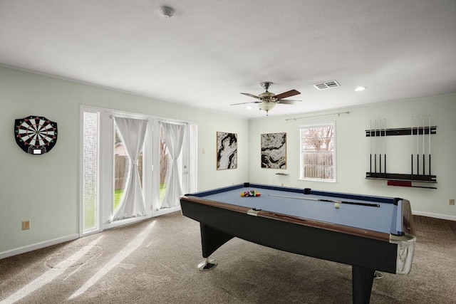 611 Virginia Dr, Round Rock, TX 78664 - rec room with carpet, baseboards, billiards table, a ceiling fan, and recessed lighting