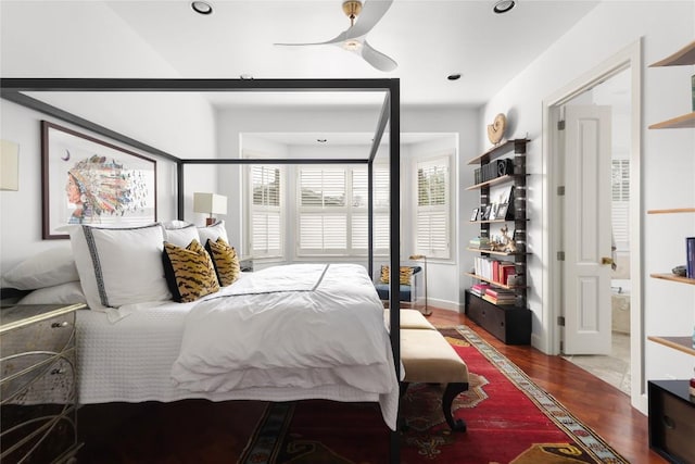 bedroom with a ceiling fan, recessed lighting, and wood finished floors