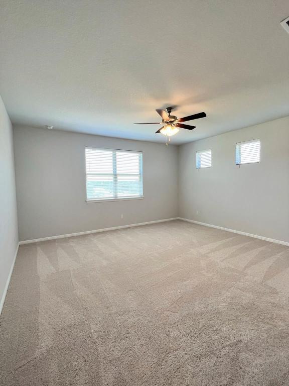 spare room featuring light carpet, baseboards, a ceiling fan, and a healthy amount of sunlight