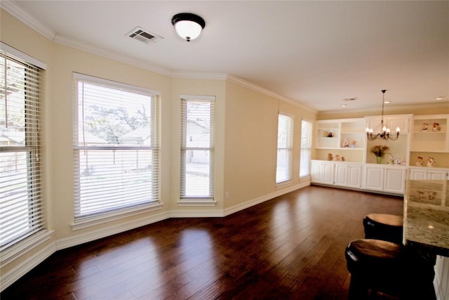 unfurnished living room featuring ornamental molding, plenty of natural light, visible vents, and dark wood finished floors