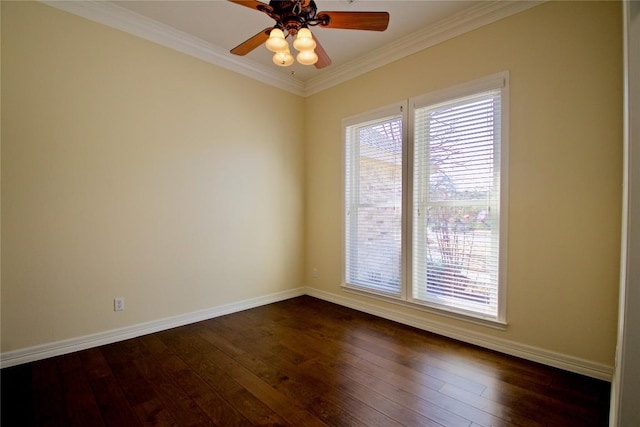 unfurnished room with dark wood-type flooring, crown molding, baseboards, and ceiling fan