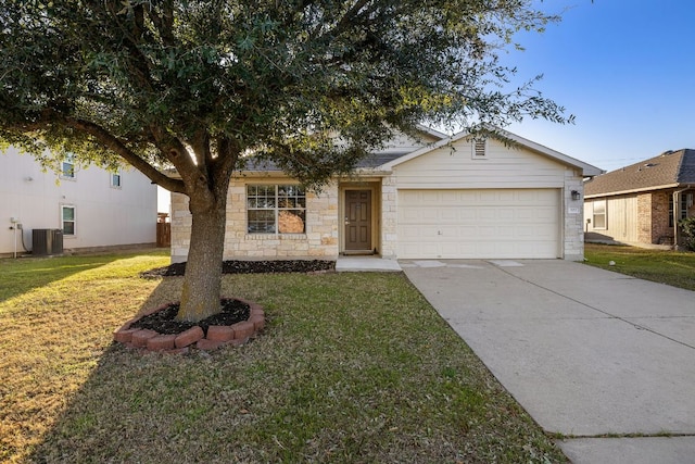 ranch-style house with driveway, an attached garage, central AC unit, and a front yard