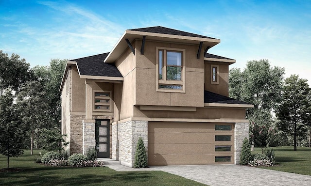 view of front of property featuring decorative driveway, stucco siding, an attached garage, a front yard, and stone siding