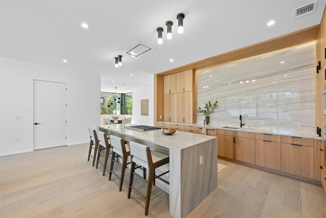 kitchen featuring light stone counters, visible vents, light wood-style flooring, a kitchen island, and a sink