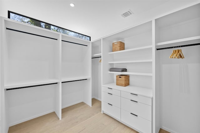 spacious closet with light wood-type flooring and visible vents