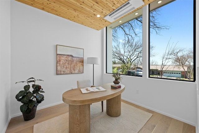 home office with a skylight, wood finished floors, visible vents, wood ceiling, and baseboards